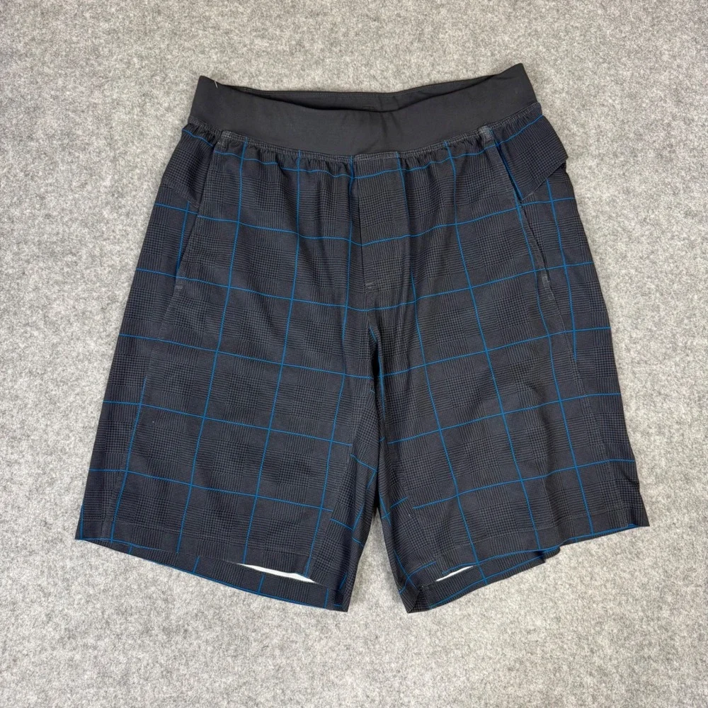 Lululemon Mens Pace Breaker Shorts Black Blue Plaid Houndstooth Activewear 31